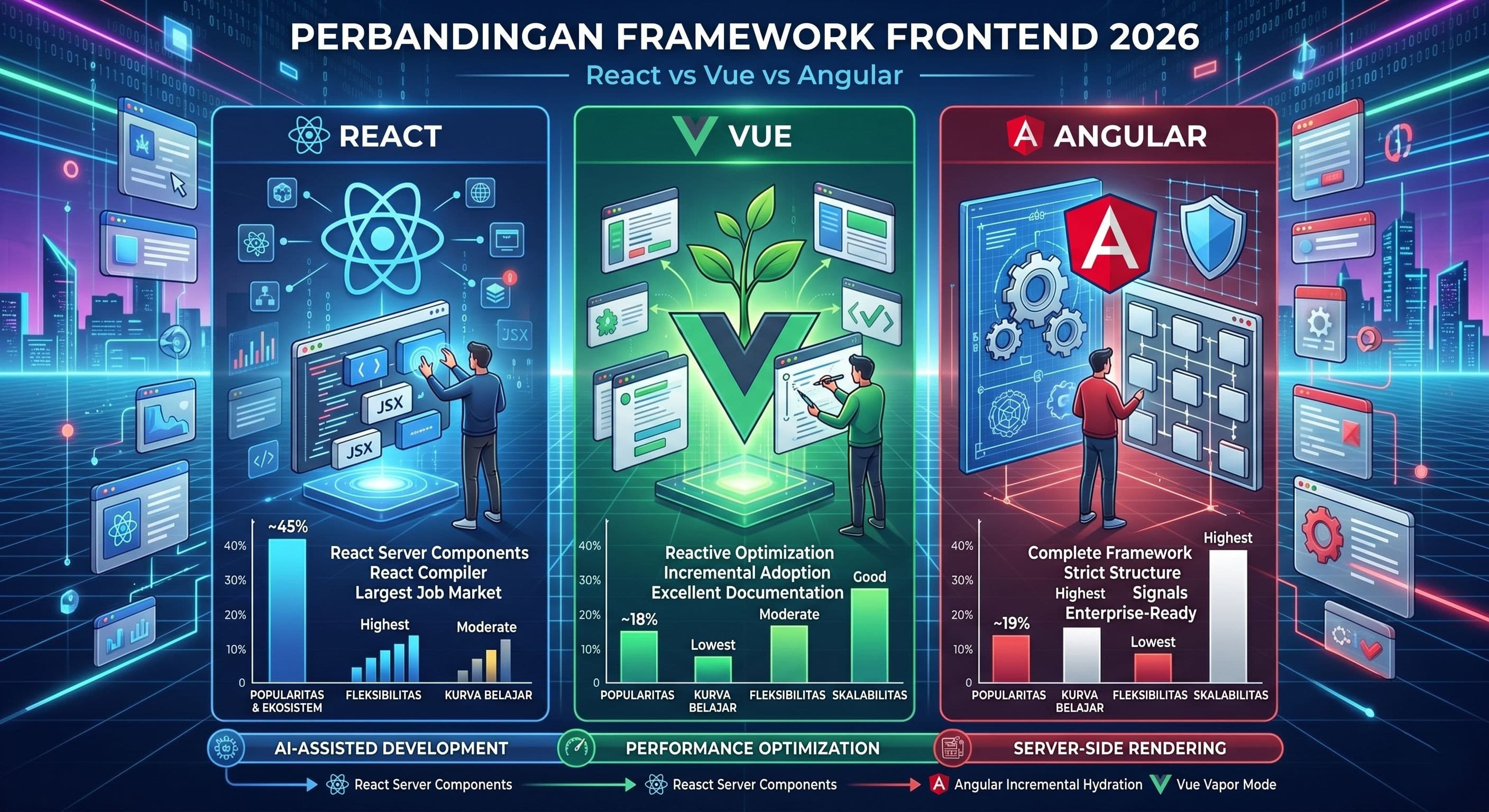 Perbandingan Framework Frontend: React vs Vue vs Angular di 2026